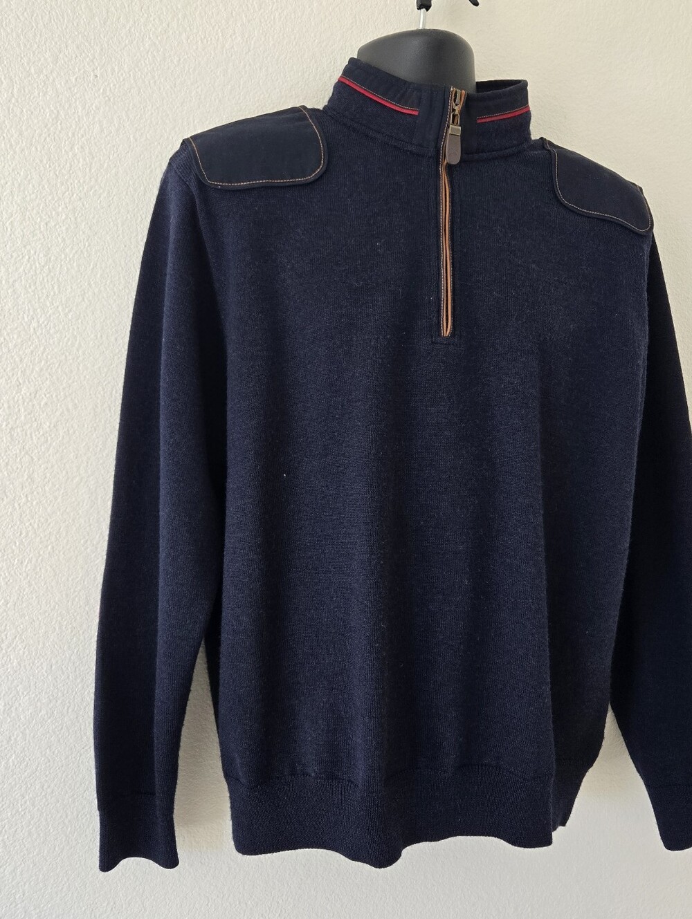 Orvis Mens Medium Navy Blue Wool 1/4‎ Zip Sweater Elbow Patch Shoulder Pullover - Picture 3 of 15